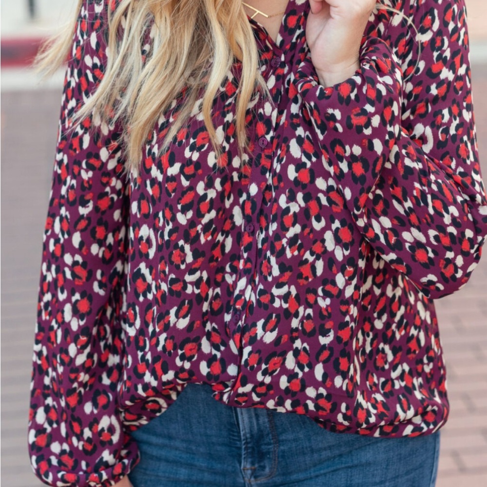 Gibson Purple and White Long Sleeve Blouse with Mandarin Collar